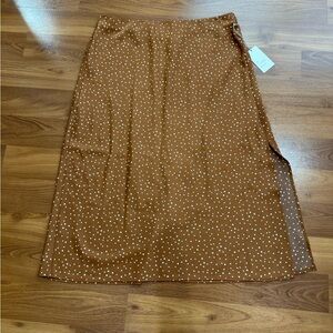 Brown Polka Dot Tan Midi Pencil Skirt with Slit